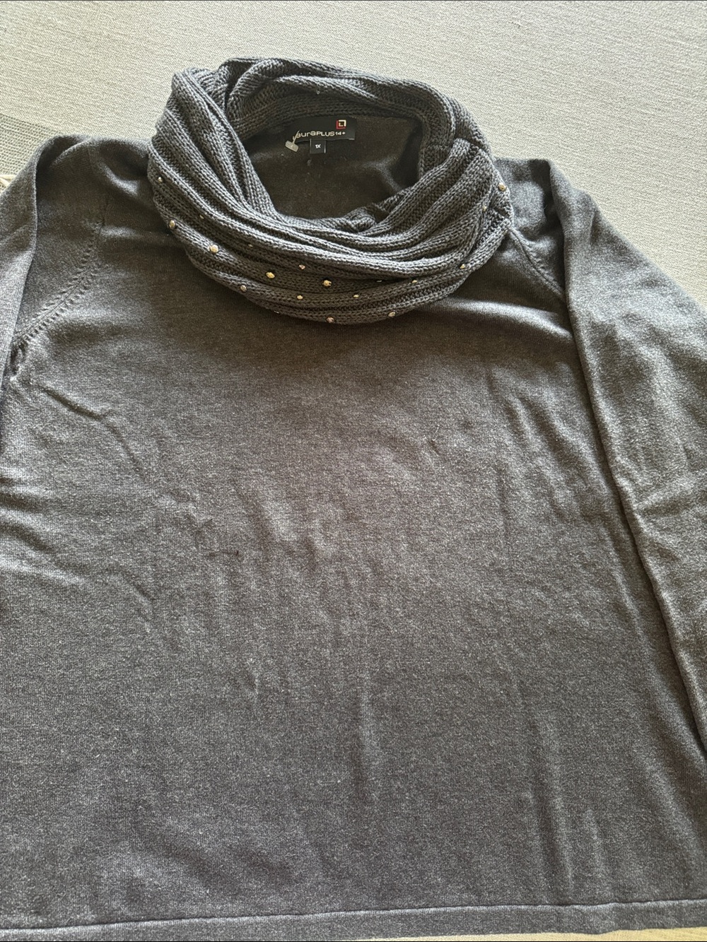 Charcoal Gray Cowl Neck Sweater with Studded Knit cowl neck - Alberto Makali